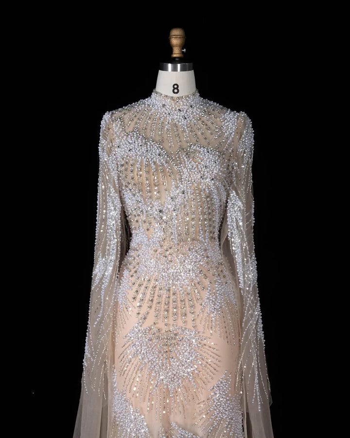 Dreamy Vow SS022 white nude crystal pearl beaded high neck long sleeve evening gown