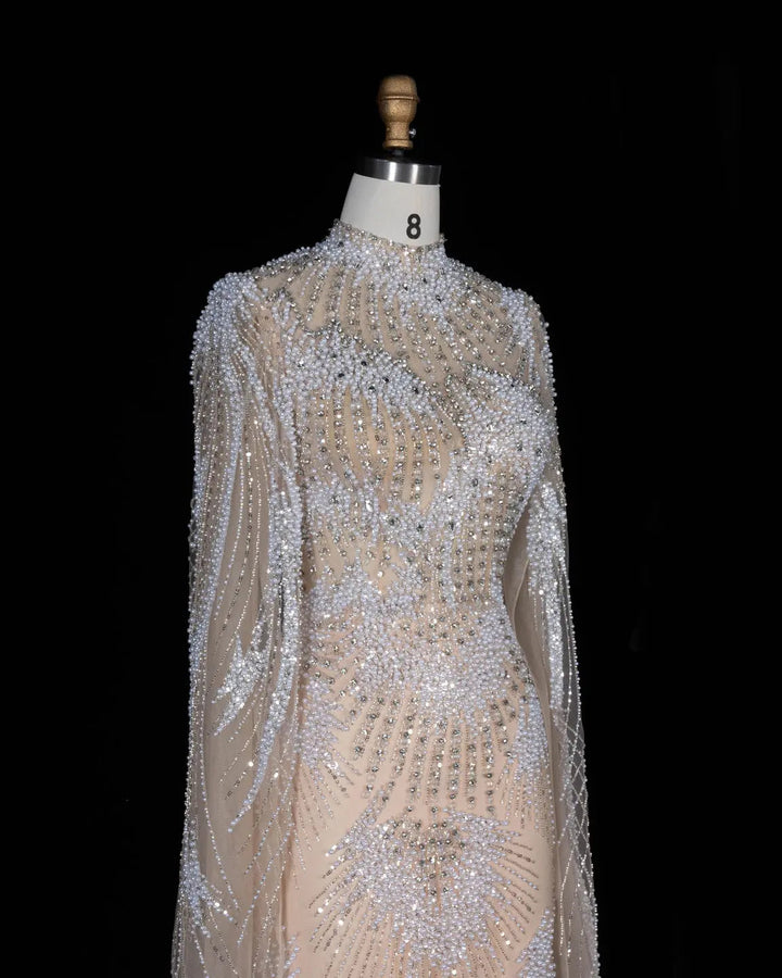 Dreamy Vow SS022 white nude crystal pearl beaded high neck long sleeve evening gown