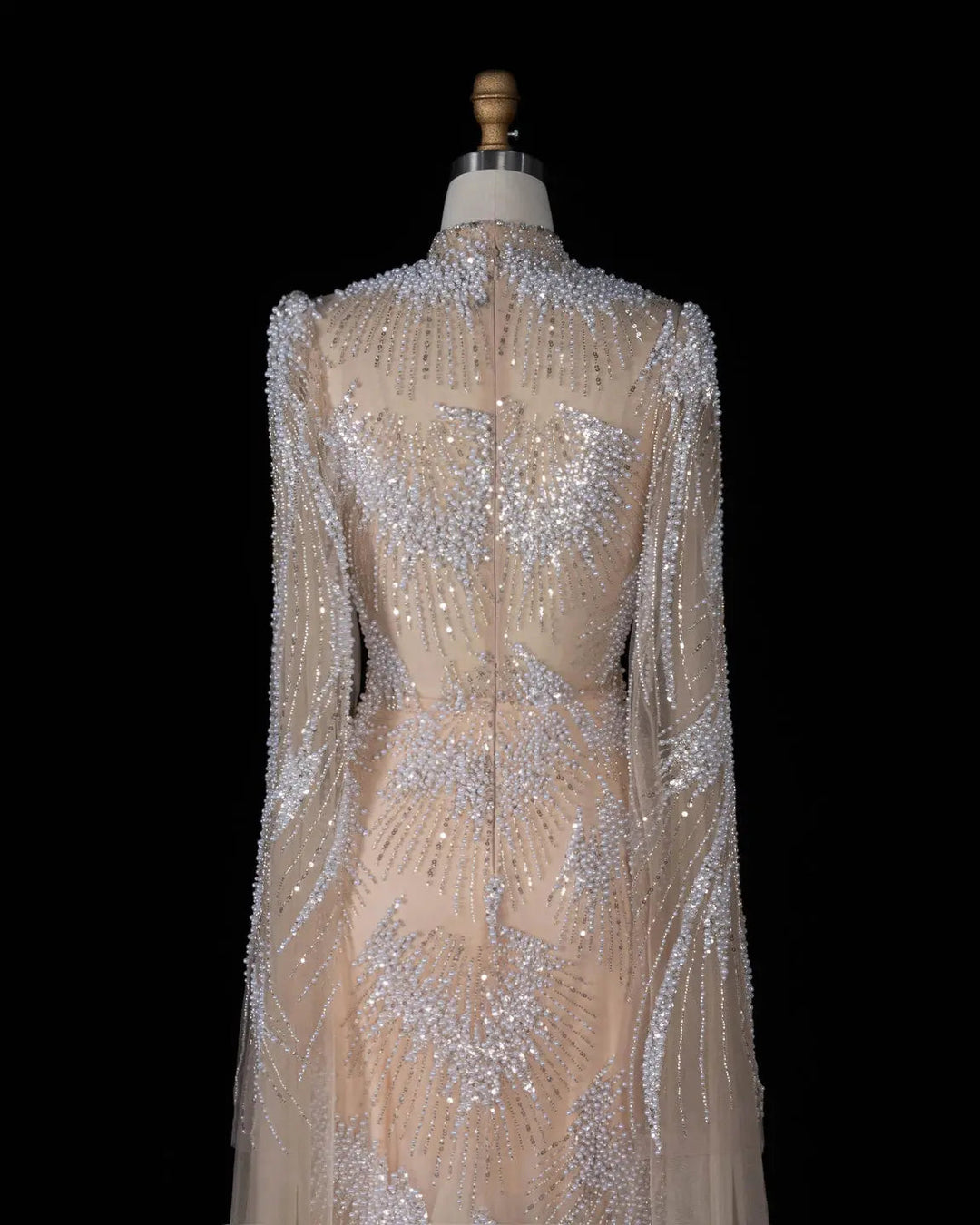 Dreamy Vow SS022 white nude crystal pearl beaded high neck long sleeve evening gown