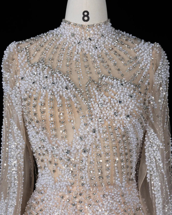 Dreamy Vow SS022 white nude crystal pearl beaded high neck long sleeve evening gown