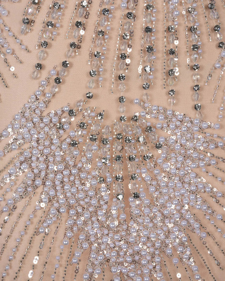 Dreamy Vow SS022 white nude crystal pearl beaded high neck long sleeve evening gown