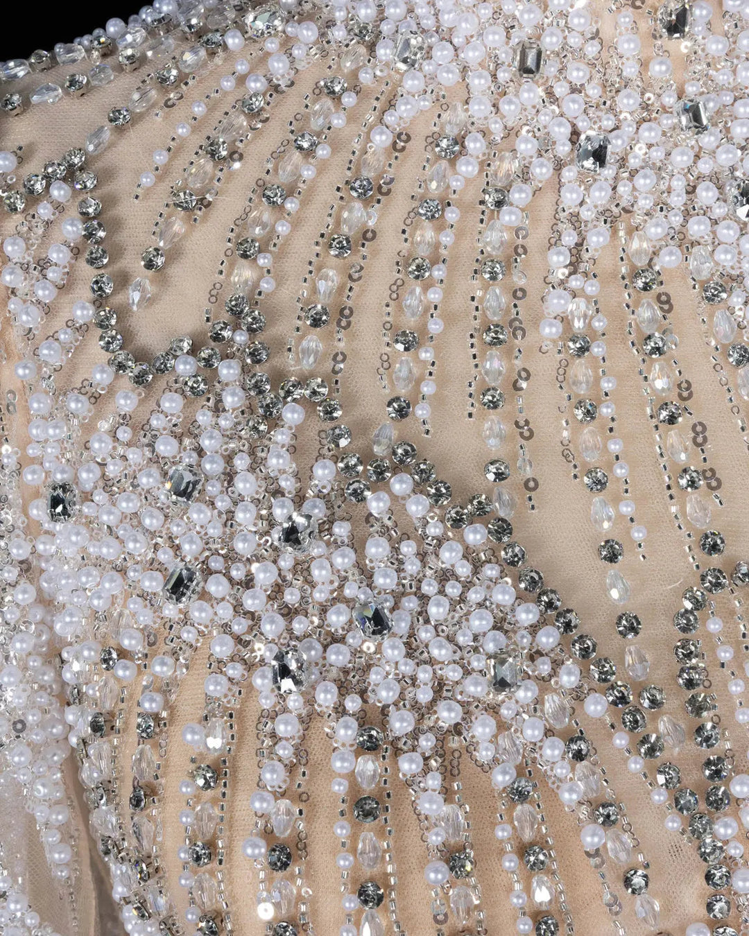Dreamy Vow SS022 white nude crystal pearl beaded high neck long sleeve evening gown
