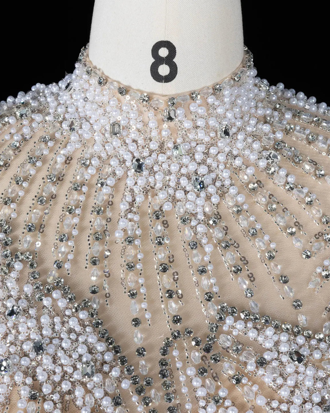 Dreamy Vow SS022 white nude crystal pearl beaded high neck long sleeve evening gown