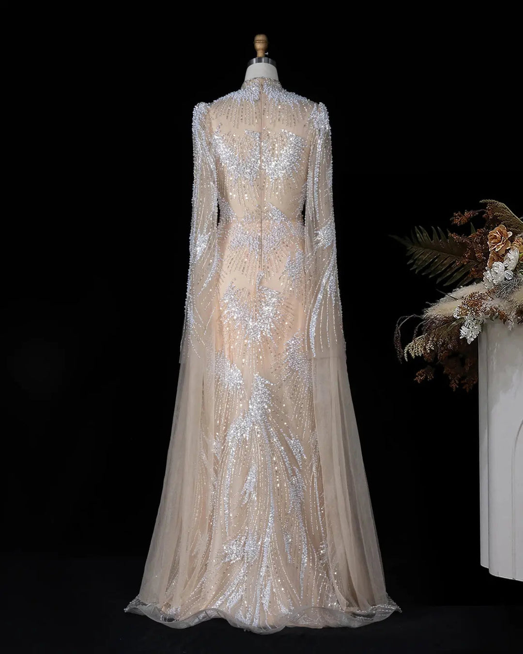 Dreamy Vow SS022 white nude crystal pearl beaded high neck long sleeve evening gown
