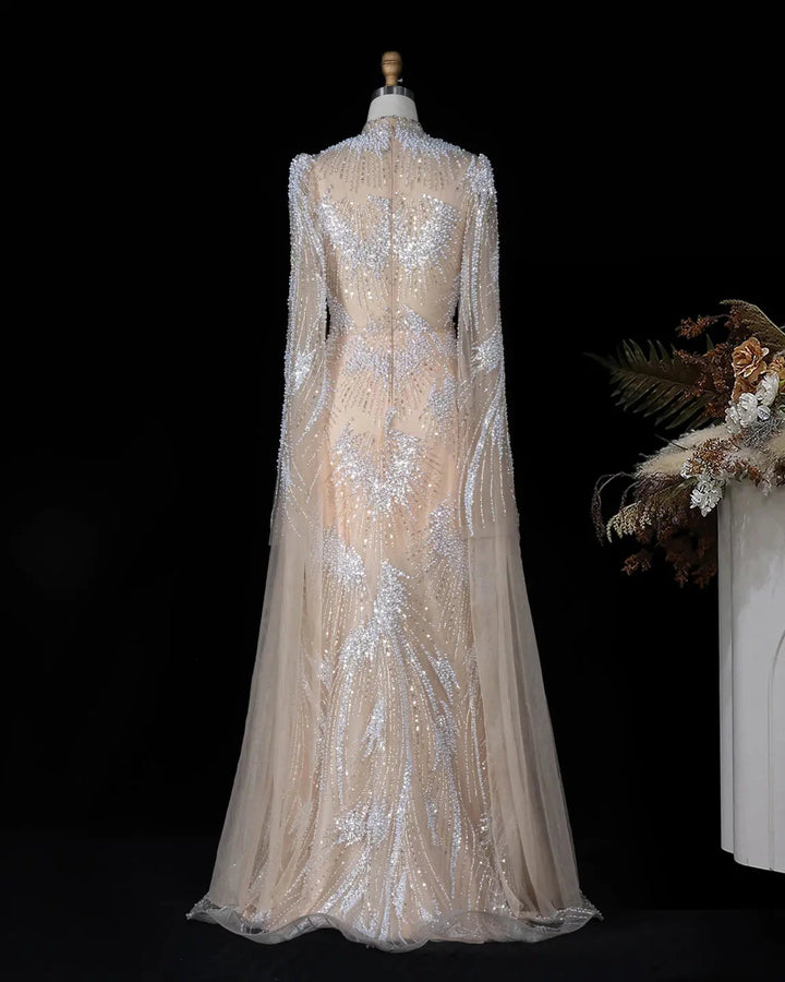 Dreamy Vow SS022 white nude crystal pearl beaded high neck long sleeve evening gown