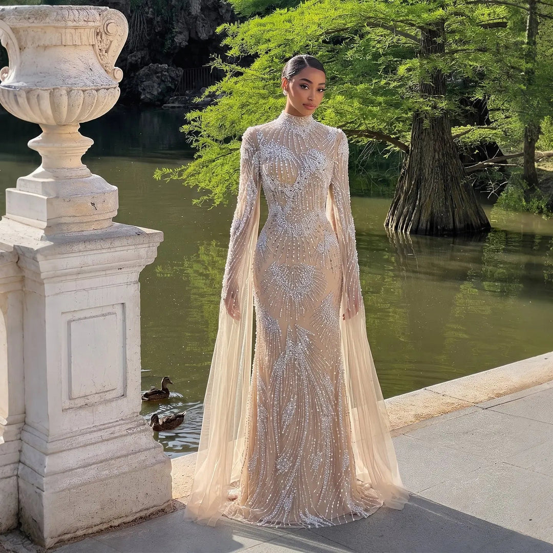 Dreamy Vow SS022 white nude crystal pearl beaded high neck long sleeve evening gown