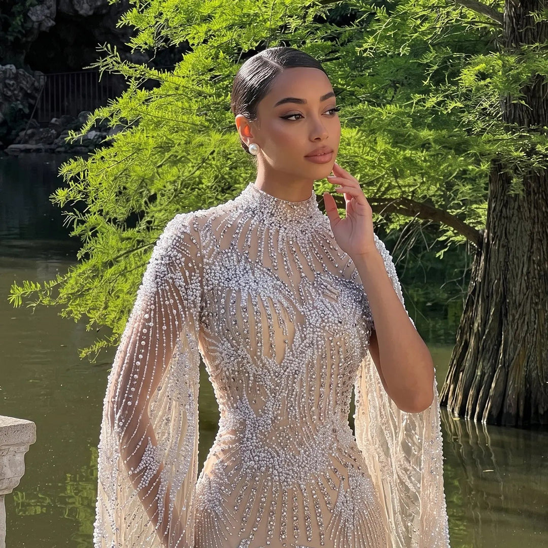 Dreamy Vow SS022 white nude crystal pearl beaded high neck long sleeve evening gown