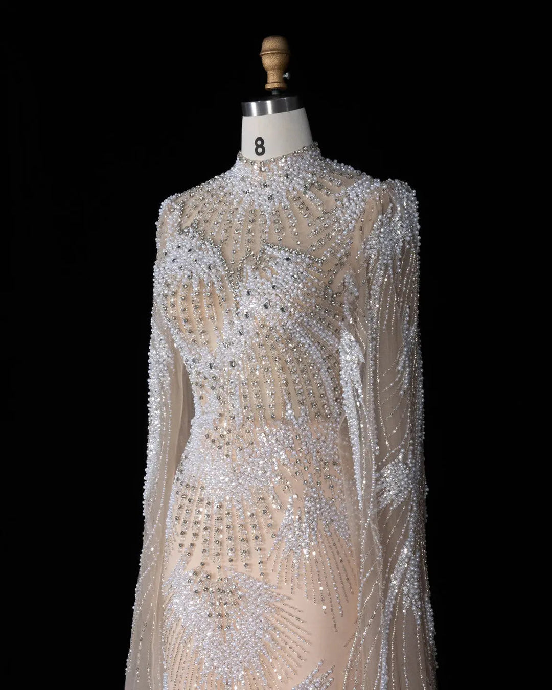 Dreamy Vow SS022 white nude crystal pearl beaded high neck long sleeve evening gown