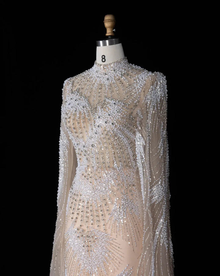 Dreamy Vow SS022 white nude crystal pearl beaded high neck long sleeve evening gown