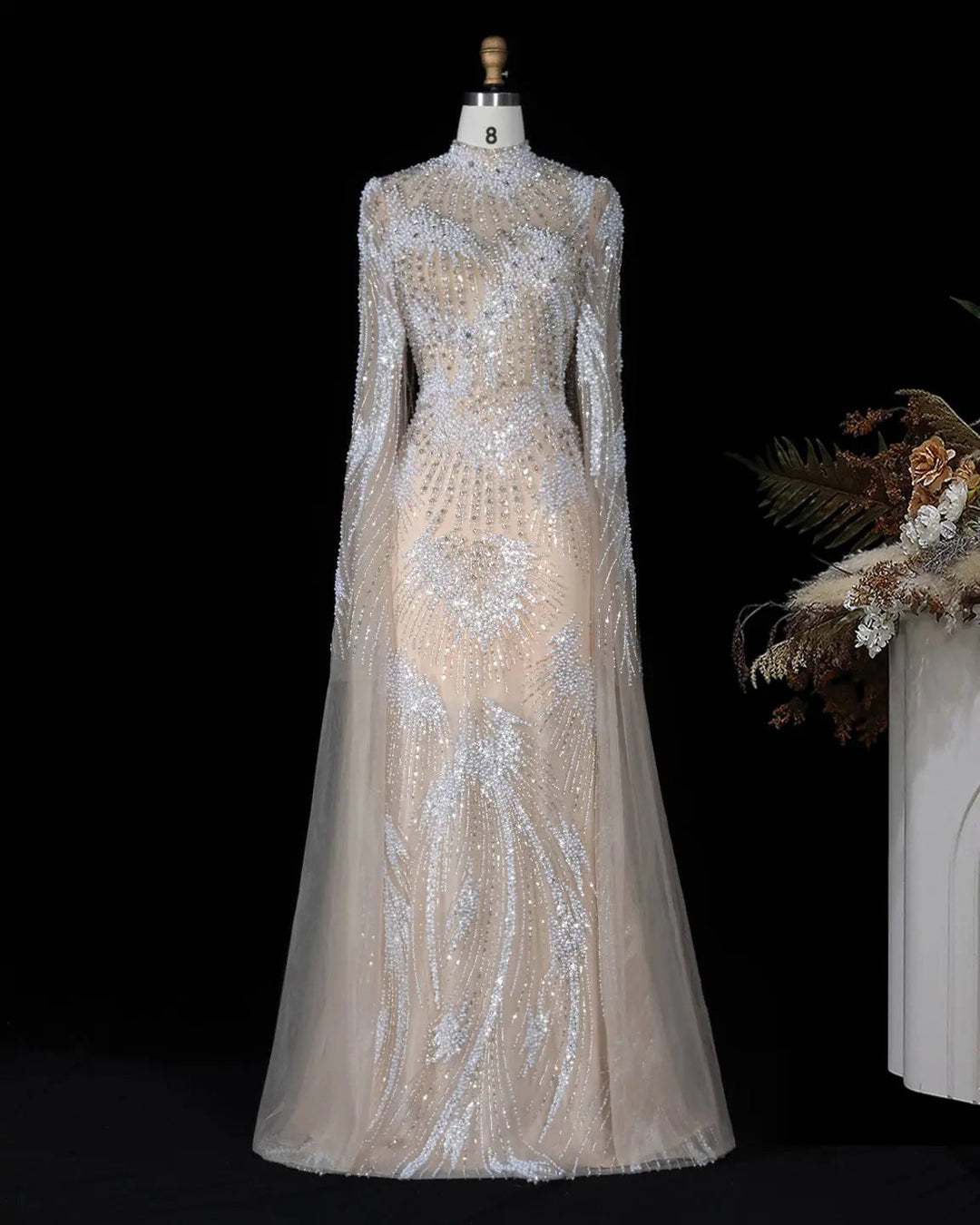 Dreamy Vow SS022 white nude crystal pearl beaded high neck long sleeve evening gown