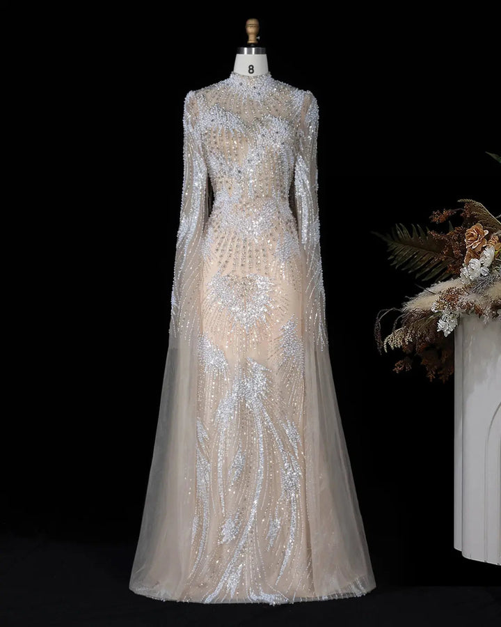 Dreamy Vow SS022 white nude crystal pearl beaded high neck long sleeve evening gown