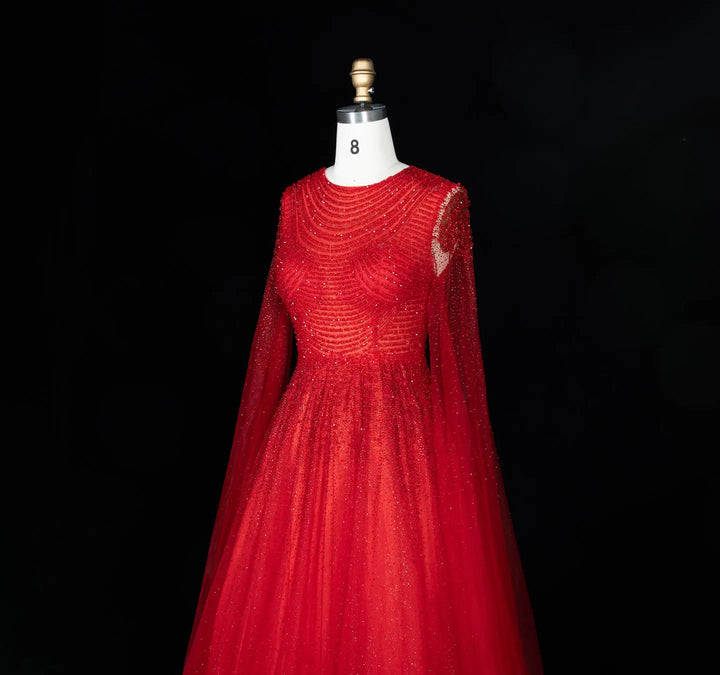 Dreamy Vow SS059 red tulle evening dress beading detail