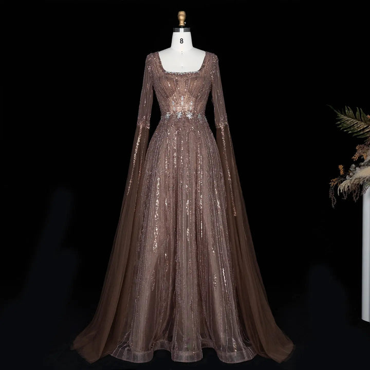 Dreamy Vow SS065 brown sequin evening dress cape sleeve detail