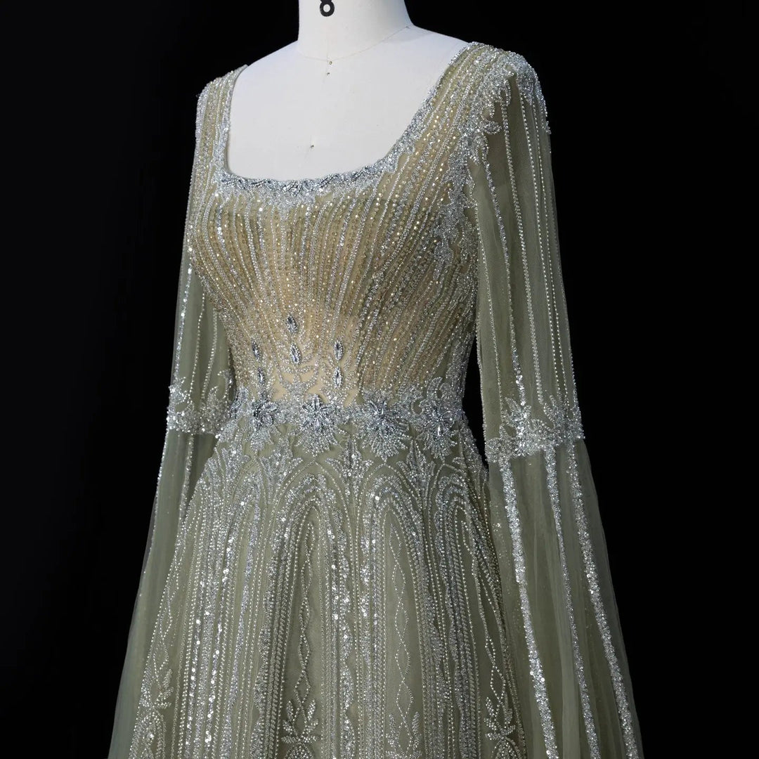 Dreamy Vow SS065 sage green sequin evening dress model front