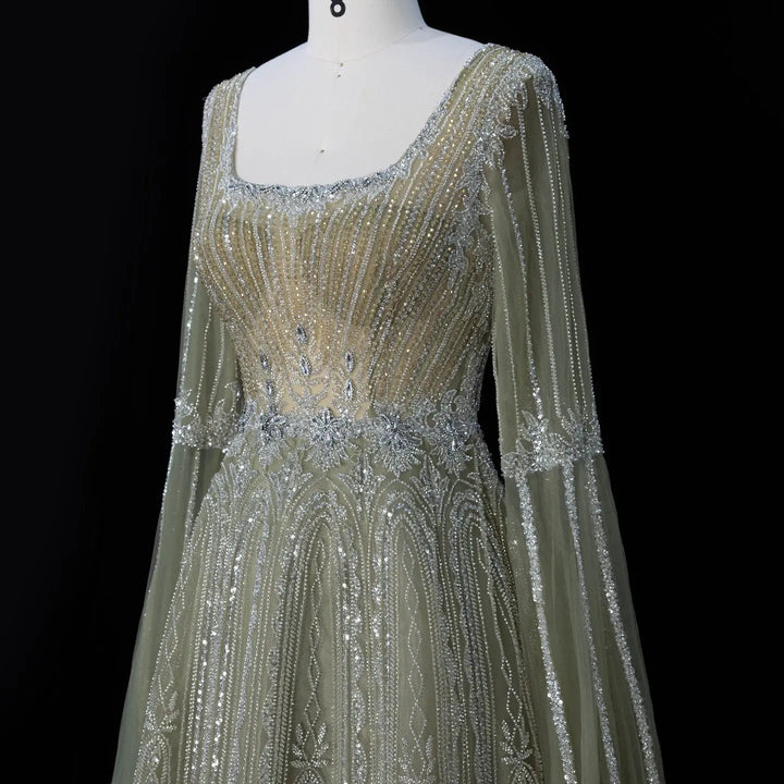 Dreamy Vow SS065 sage green sequin evening dress model front