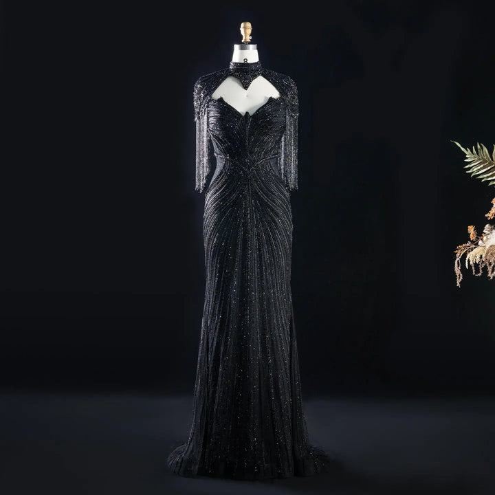 Dreamy Vow SS067 black high neck crystal beaded fringe cape evening gown