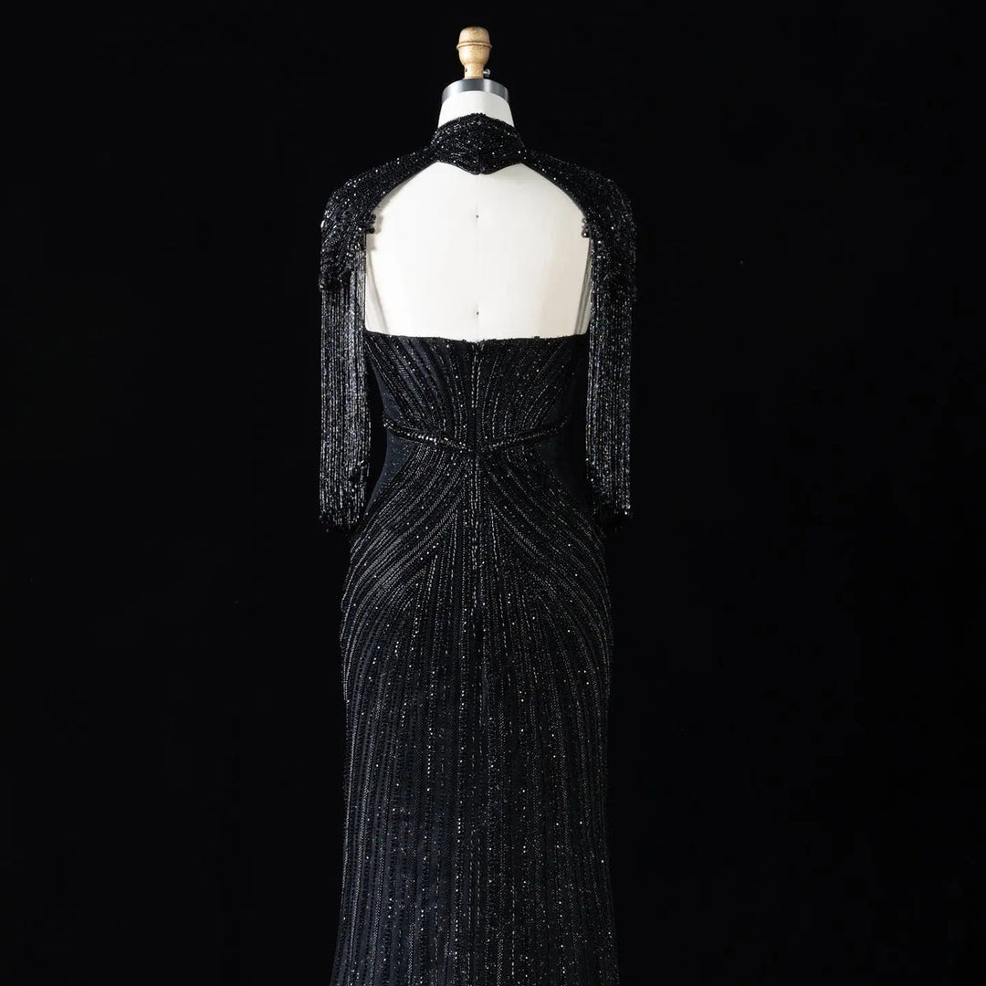 Dreamy Vow SS067 black high neck crystal beaded fringe cape evening gown