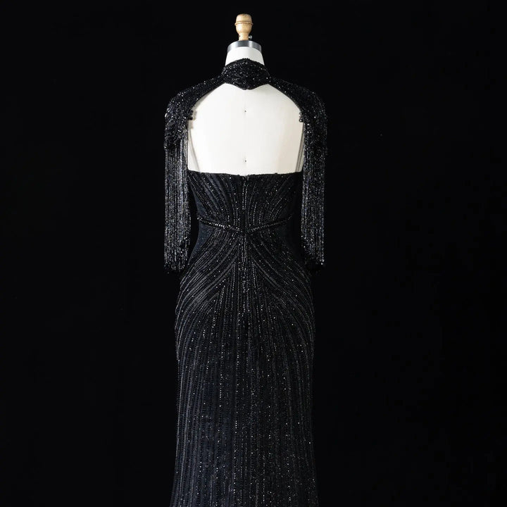 Dreamy Vow SS067 black high neck crystal beaded fringe cape evening gown