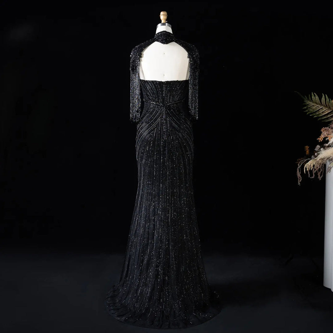 Dreamy Vow SS067 black high neck crystal beaded fringe cape evening gown