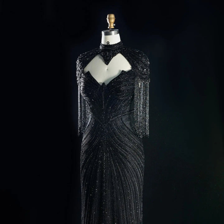 Dreamy Vow SS067 black high neck crystal beaded fringe cape evening gown