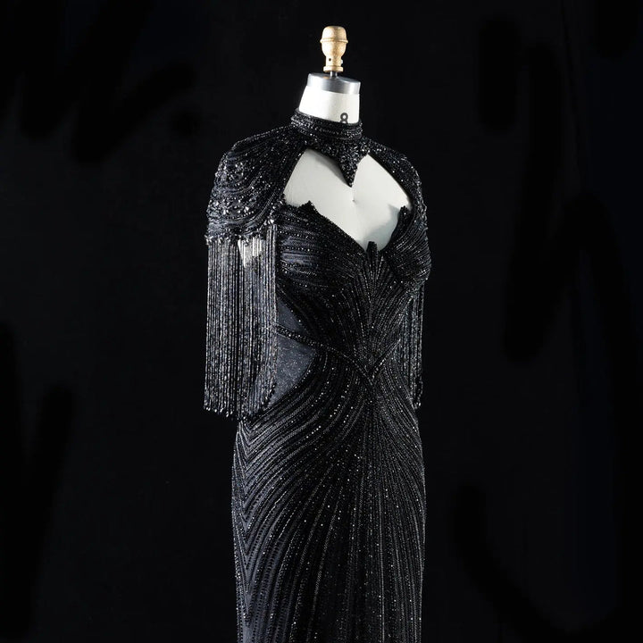 Dreamy Vow SS067 black high neck crystal beaded fringe cape evening gown
