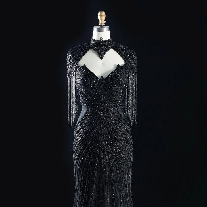 Dreamy Vow SS067 black high neck crystal beaded fringe cape evening gown