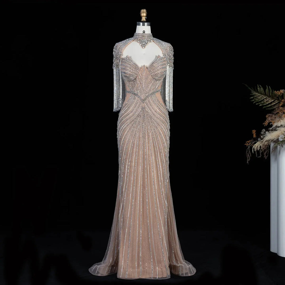 Dreamy Vow SS067 champagne high neck crystal beaded fringe cape evening gown