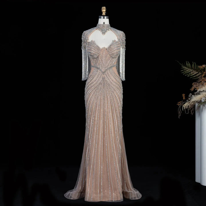 Dreamy Vow SS067 champagne high neck crystal beaded fringe cape evening gown