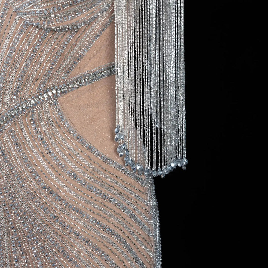 Dreamy Vow SS067 champagne high neck crystal beaded fringe cape evening gown