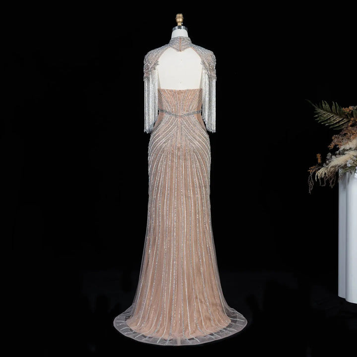 Dreamy Vow SS067 champagne high neck crystal beaded fringe cape evening gown