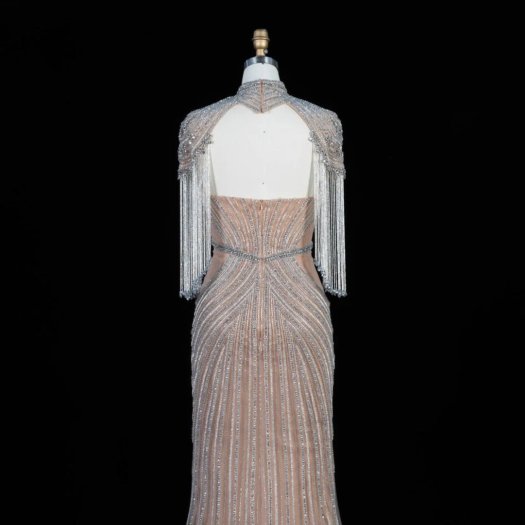 Dreamy Vow SS067 champagne high neck crystal beaded fringe cape evening gown