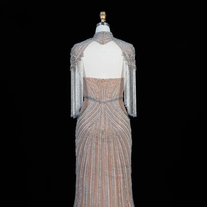 Dreamy Vow SS067 champagne high neck crystal beaded fringe cape evening gown