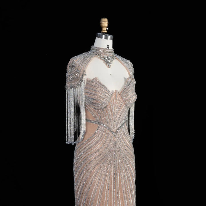 Dreamy Vow SS067 champagne high neck crystal beaded fringe cape evening gown