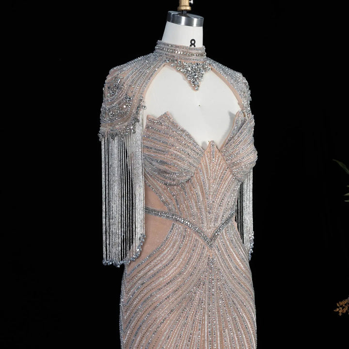 Dreamy Vow SS067 champagne high neck crystal beaded fringe cape evening gown