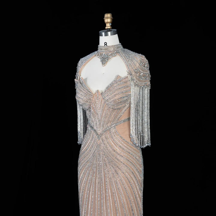 Dreamy Vow SS067 champagne high neck crystal beaded fringe cape evening gown