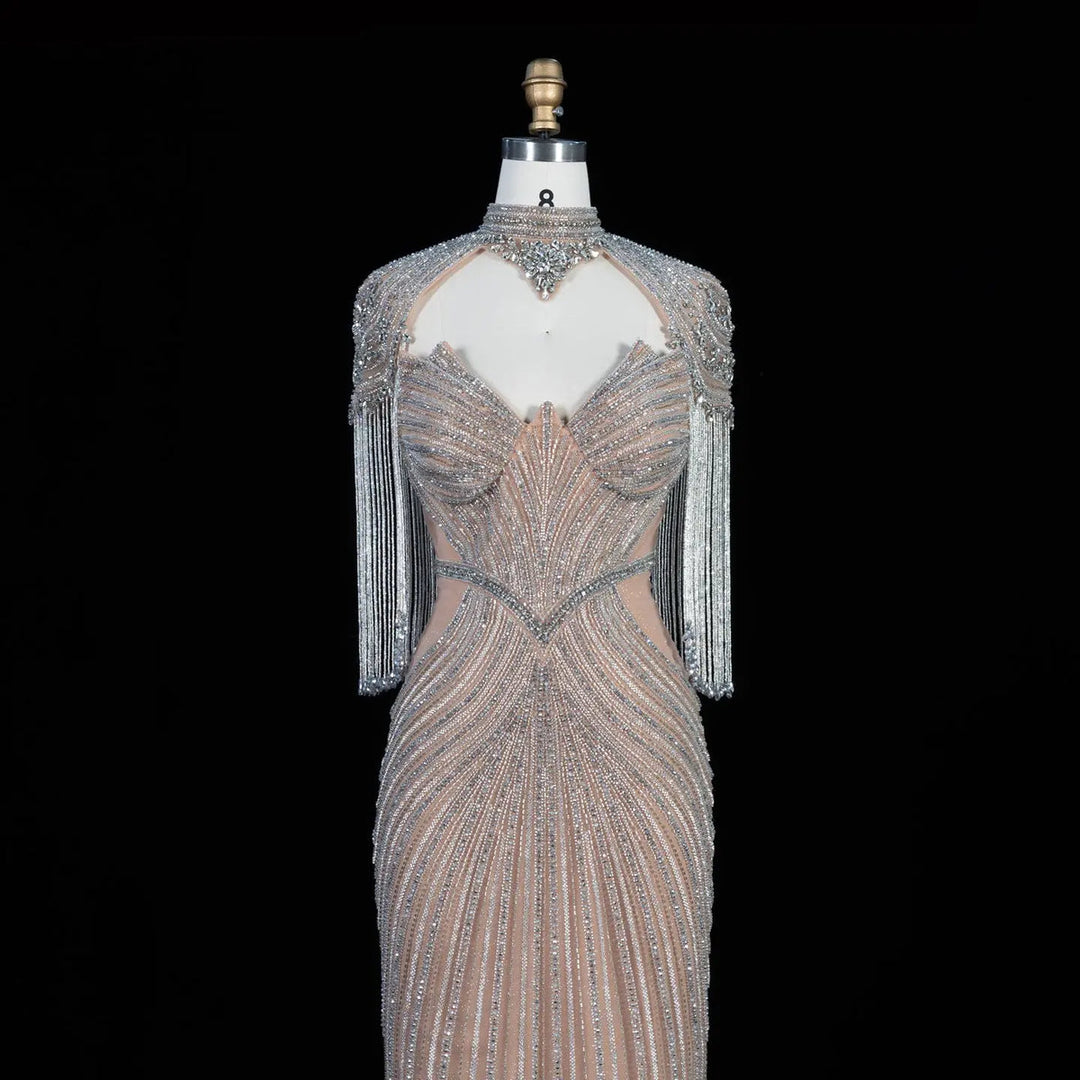 Dreamy Vow SS067 champagne high neck crystal beaded fringe cape evening gown