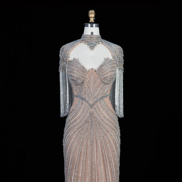 Dreamy Vow SS067 champagne high neck crystal beaded fringe cape evening gown