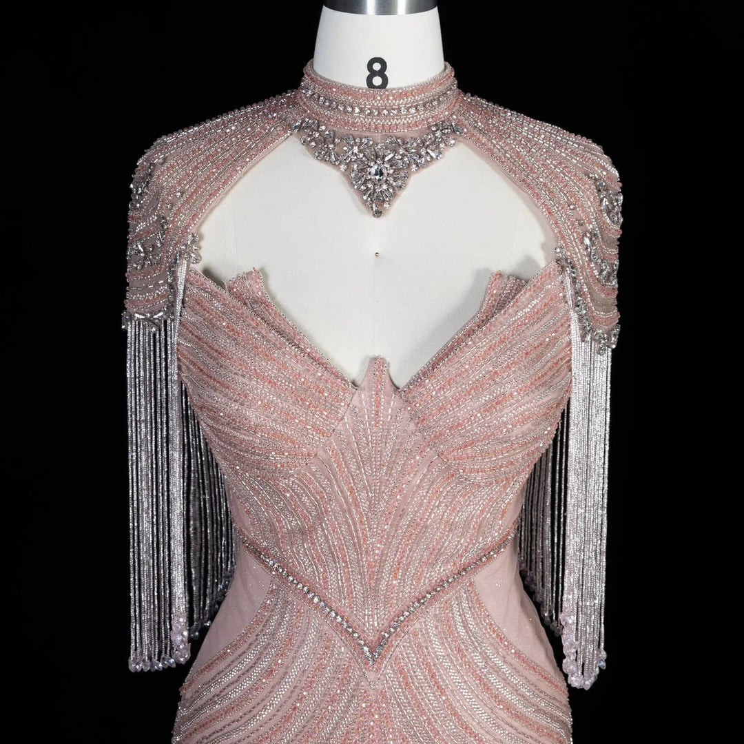 Dreamy Vow SS067 pink high neck crystal beaded fringe cape evening gown