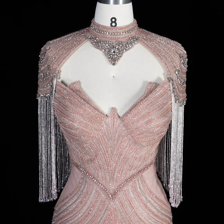 Dreamy Vow SS067 pink high neck crystal beaded fringe cape evening gown