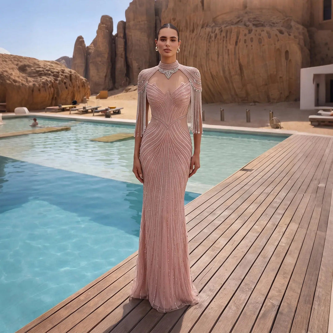 Dreamy Vow SS067 pink high neck crystal beaded fringe cape evening gown