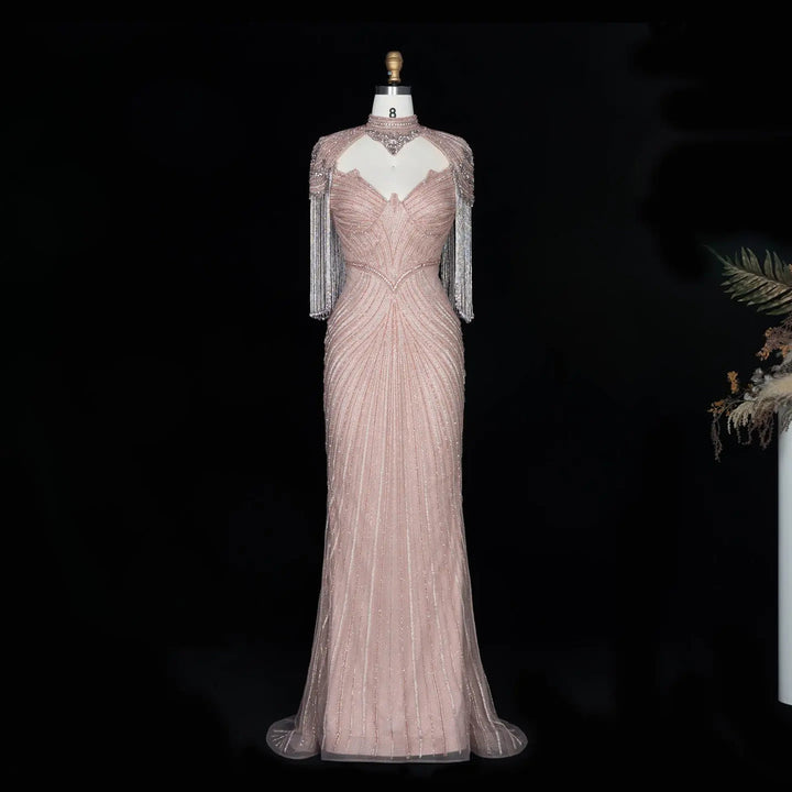 Dreamy Vow SS067 pink high neck crystal beaded fringe cape evening gown