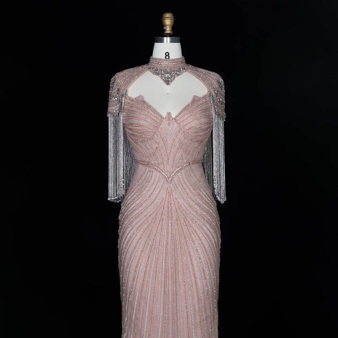 Dreamy Vow SS067 pink high neck crystal beaded fringe cape evening gown