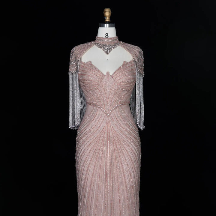 Dreamy Vow SS067 pink high neck crystal beaded fringe cape evening gown