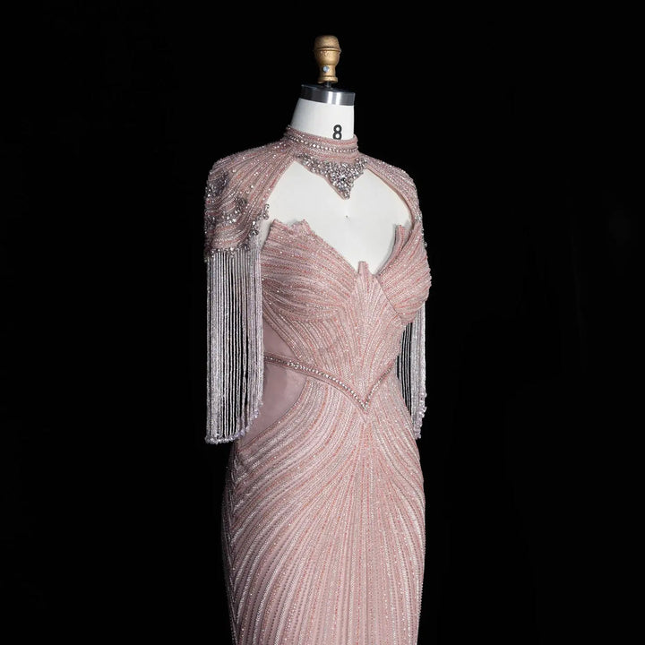 Dreamy Vow SS067 pink high neck crystal beaded fringe cape evening gown