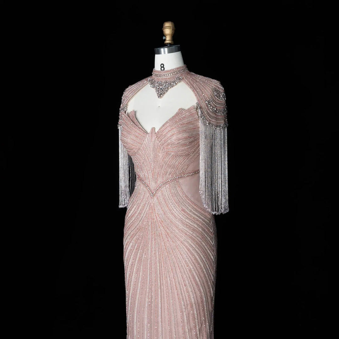 Dreamy Vow SS067 pink high neck crystal beaded fringe cape evening gown