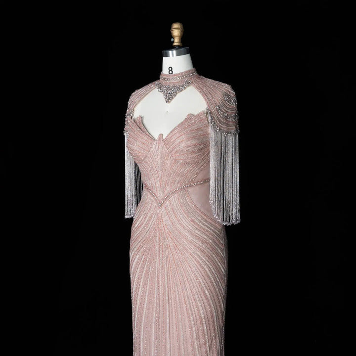 Dreamy Vow SS067 pink high neck crystal beaded fringe cape evening gown