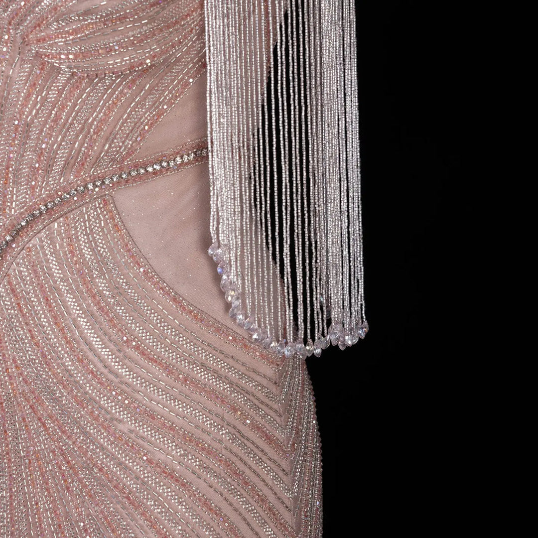 Dreamy Vow SS067 pink high neck crystal beaded fringe cape evening gown