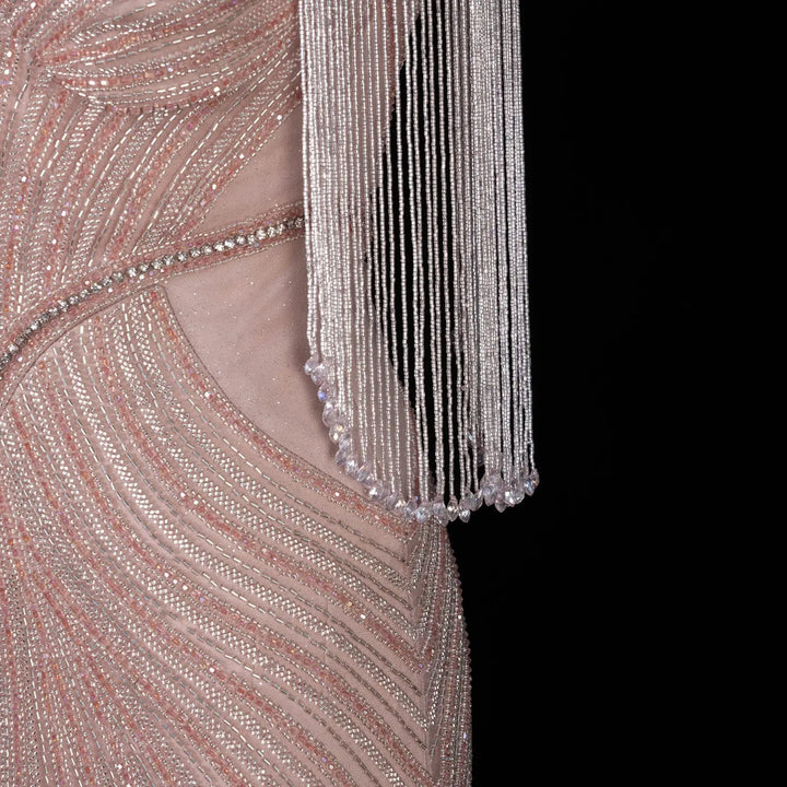 Dreamy Vow SS067 pink high neck crystal beaded fringe cape evening gown