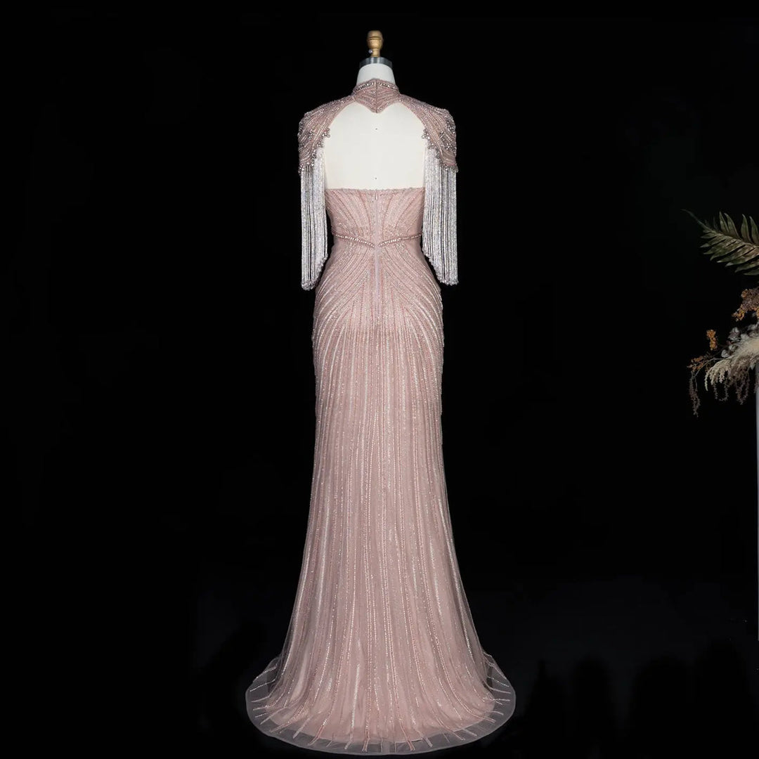 Dreamy Vow SS067 pink high neck crystal beaded fringe cape evening gown