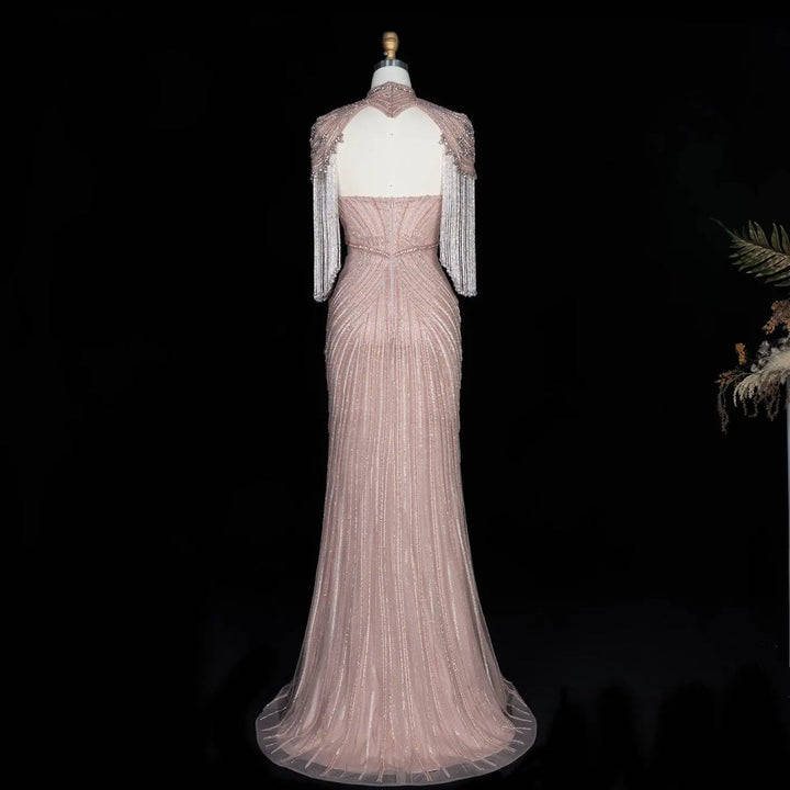 Dreamy Vow SS067 pink high neck crystal beaded fringe cape evening gown